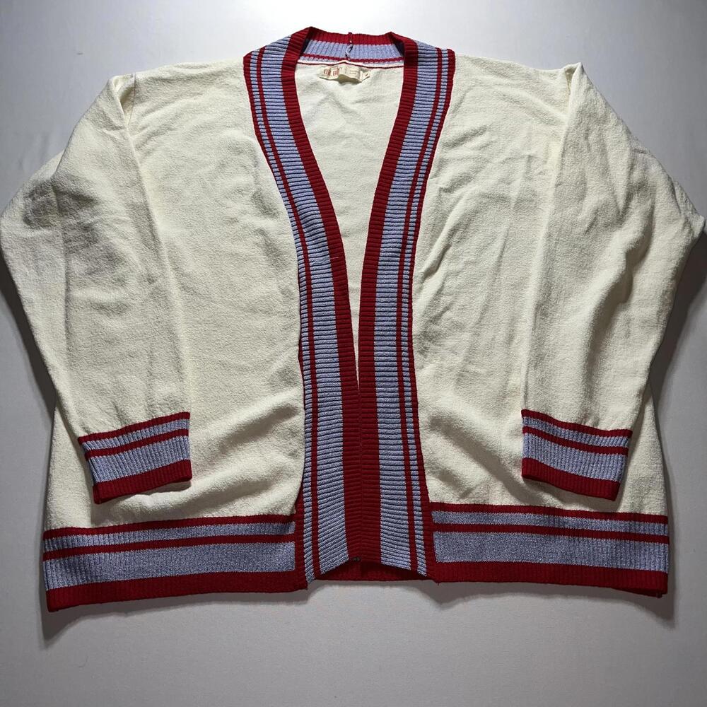 Oh Boy! Cardigan Women's Size Medium Cream w/ Red and Lavender Trim Long Sleeve